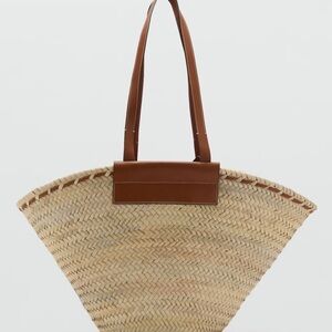 Mango Natural Straw Tote with Brown Leather Handles